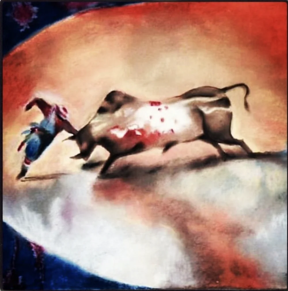 A painting of a charging bull and a matador in warm reds and whites