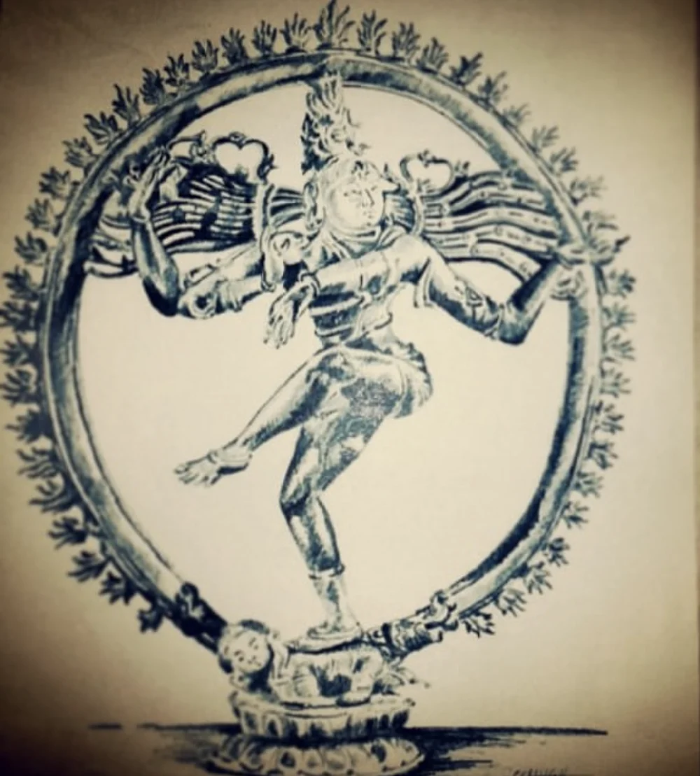 A blue ink sketch of Nataraja, the dancing Shiva, inside a ring of flames