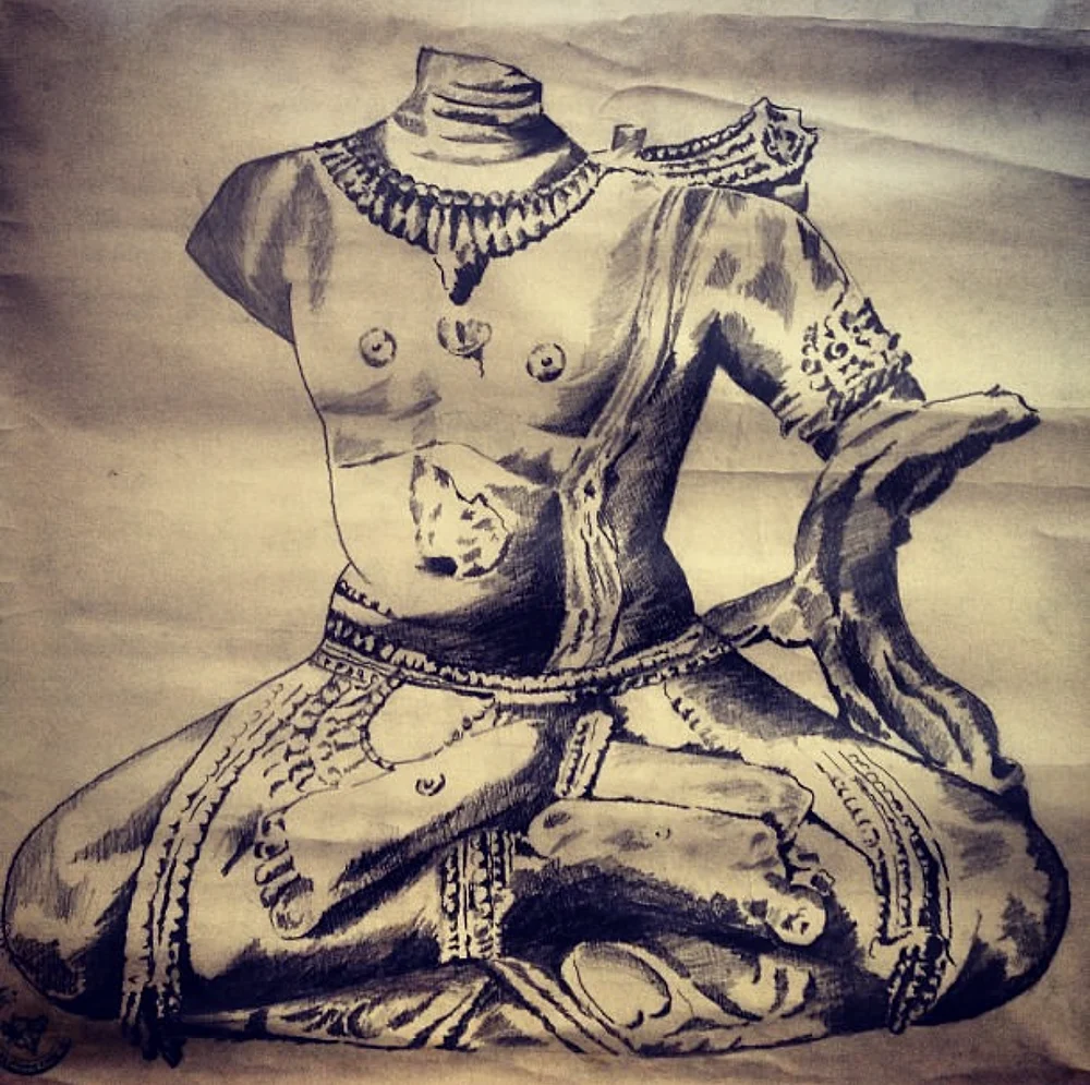 A pencil sketch of an ancient seated stone sculpture, adorned with a necklace and armbands