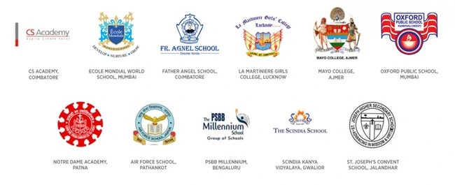 Partner school crests: CS Academy Coimbatore, Ecole Mondial World School Mumbai, Father Agnel School Coimbatore, La Martiniere Girls College Lucknow, Mayo College Ajmer, Oxford Public School Mumbai, Notre Dame Academy Patna, Air Force School Pathankot, PSBB Millennium Bengaluru, Scindia Kanya Vidyalaya Gwalior and St. Joseph’s Convent School Jalandhar