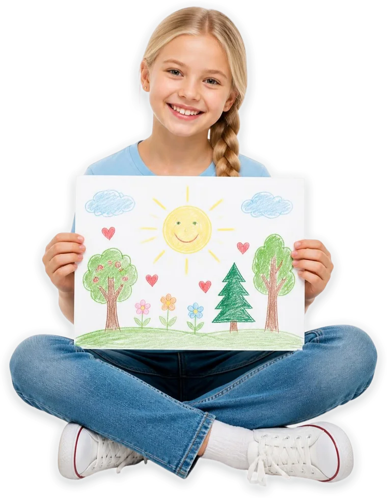 A smiling girl holding up her crayon drawing of a sunny day