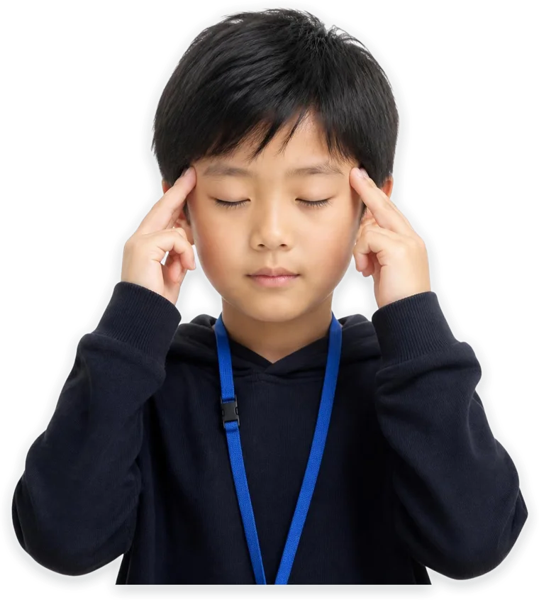 A boy concentrating with his eyes closed and fingertips on his temples