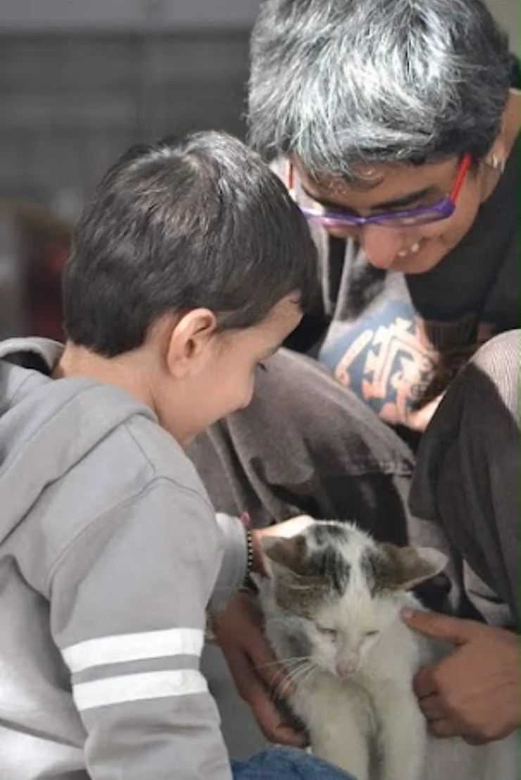 Shreya and a little boy gently stroking a white and tabby cat together