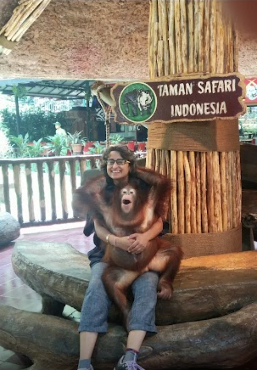 A young orangutan hugging Shreya and pulling a surprised face, at Taman Safari Indonesia