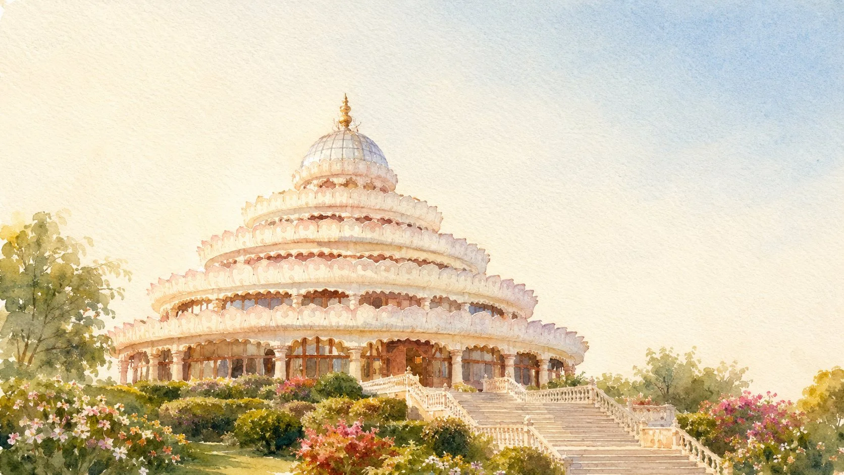 A pastel watercolour of the Vishalakshi Mandap, the lotus-shaped meditation hall at the Art of Living International Center in Bangalore, under a soft blue sky