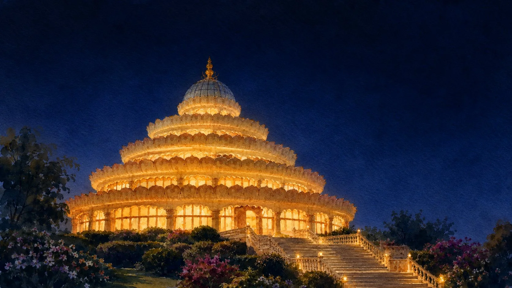 A watercolour of the Vishalakshi Mandap glowing gold under a full moon and a starry night sky