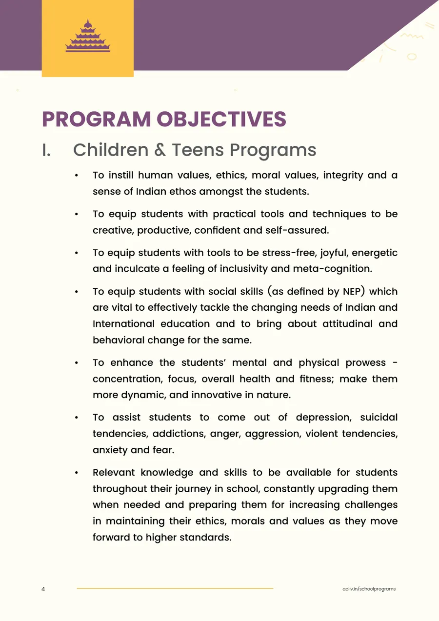 Proposal page 6: Program objectives for children and teens