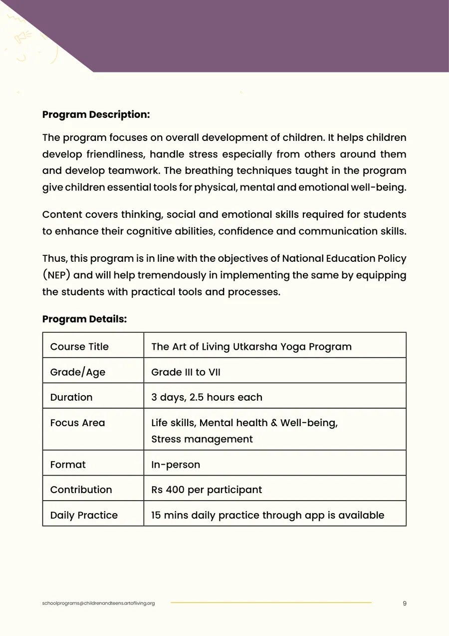 Proposal page 11: Utkarsha Yoga program description and details