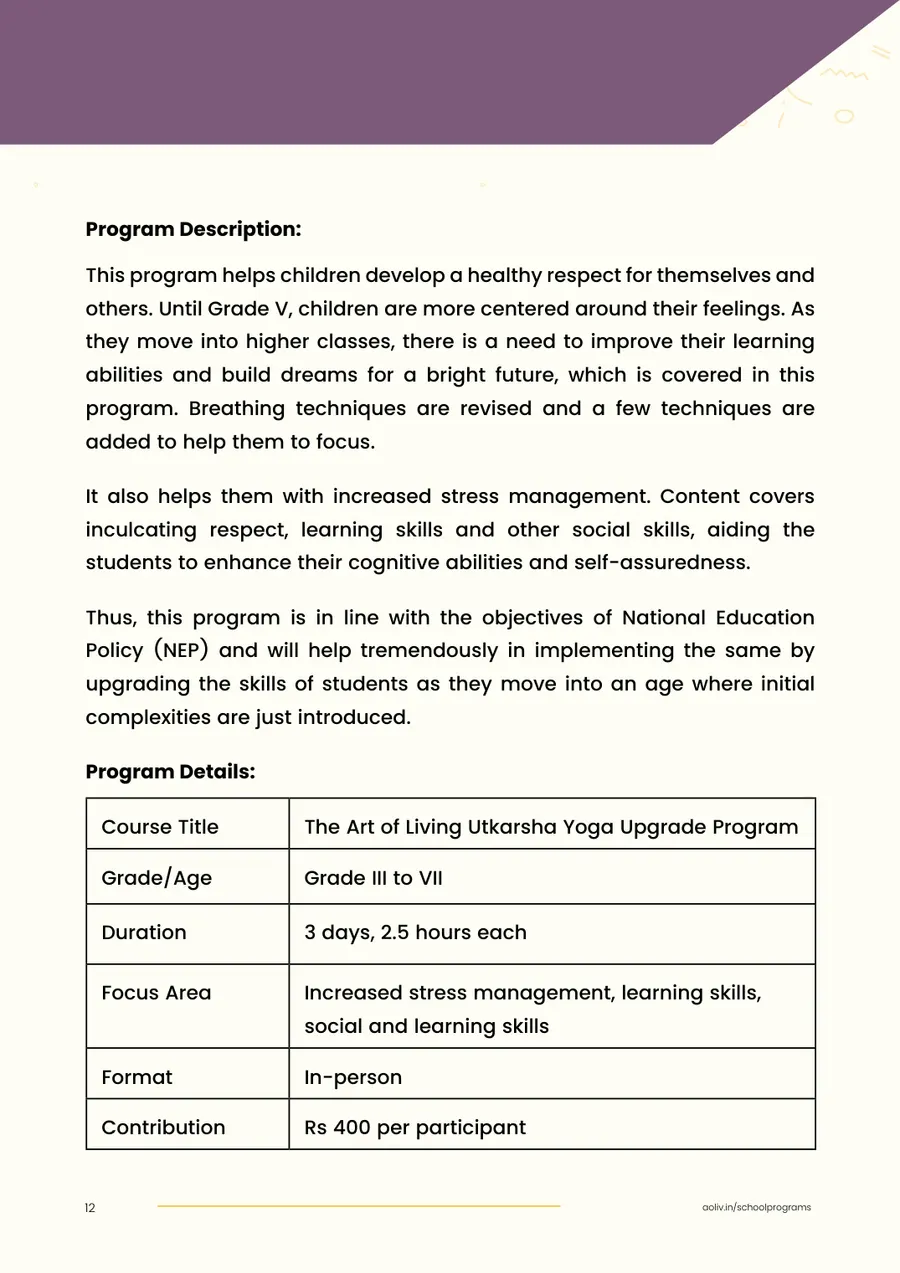 Proposal page 14: Utkarsha Yoga Upgrade program description and details