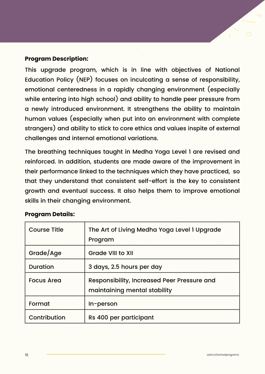 Proposal page 20: Medha Yoga Level 1 Upgrade program description and details